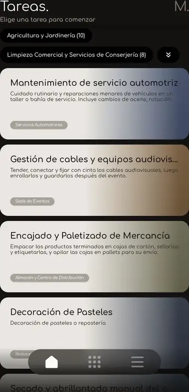 Lista de tareas en la app Minute, agrupadas por rubro