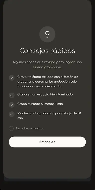 Pantalla de consejos rápidos antes de grabar